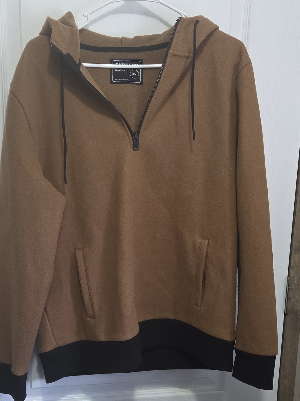 Express Brown Quarter-Zip Hooded Sweater with Black Trim